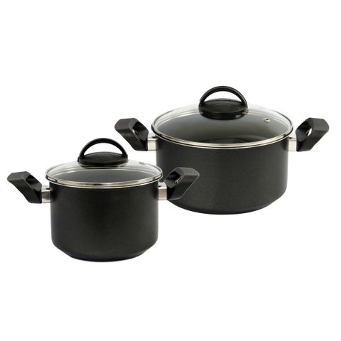Jogo 2 Peças: Caçarolas Antiaderentes Tampas de Vidro Preta