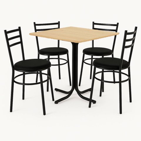 Conjunto Mesa Preta 70x70cm Tampo Pinus com 4 Cadeiras Epoxi