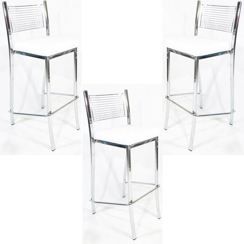 Kit 3 Banquetas EMPILHÁVEL cromada Altura 65cm assento branco - Poltronas do Sul