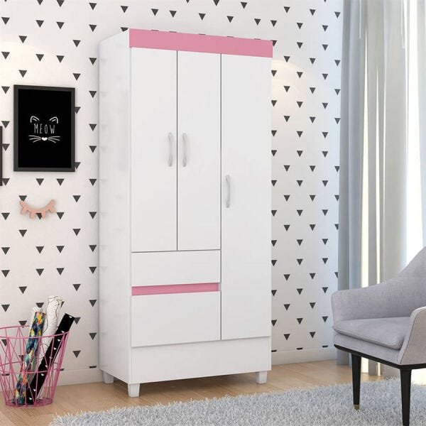 Guarda-Roupa Nuance com 3 Portas e 2 Gavetas Branco / Rosa Flex Dst - 10