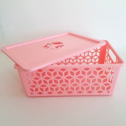 Caixa Cesto Organizador Empilhável Grande Com Tampa Alças Laterais UZ Rosa - 5