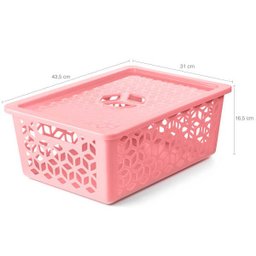 Caixa Cesto Organizador Empilhável Grande Com Tampa Alças Laterais UZ Rosa - 3