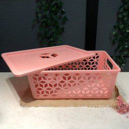 Caixa Cesto Organizador Empilhável Grande Com Tampa Alças Laterais UZ Rosa - 4