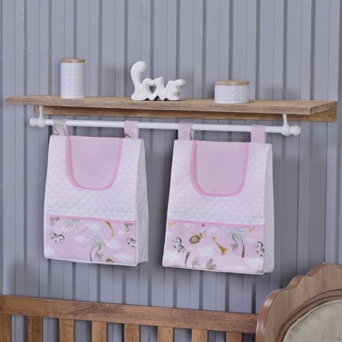 Porta Fralda Organizador Quarto de Bebê Menino Menina 2 Peças Varão:safari Rosa