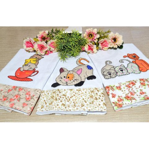 Kit Pano de Pratos 3 peças - Gatinhos Arte & Tear