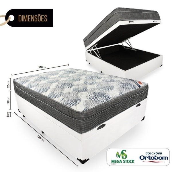 Cama Box com Baú Casal + Colchão de Molas Ensacadas - Ortobom - Iso Superpocket 138cm - Branco - 2