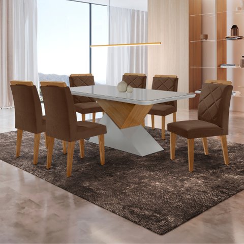 Mesa para Sala de Jantar Aster 180cm Mdf Canto Copo com Vidro e 6 Cadeiras Melissa