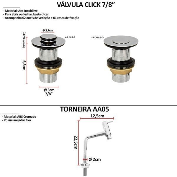 Kit Cuba Quadrada T.AA05 Sifão Engate Valvula Click - 1