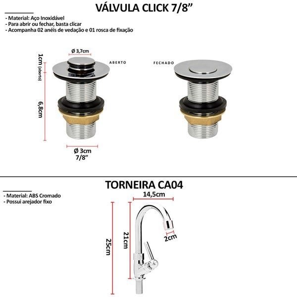 Kit Cuba Quadrada T.CA04L Sifão Engate Valvula Click - 2