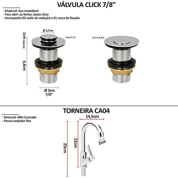 Kit Cuba Quadrada T.CA04L Sifão Engate Valvula Click - 3