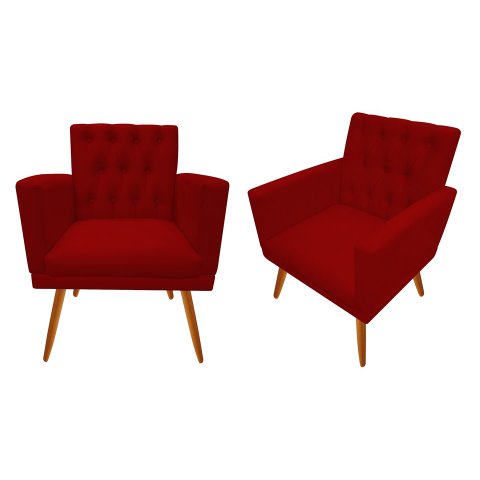 Kit 2 Poltronas Decorativa Nina Capitonê Suede Vermelho Pés Madeira Ms Decor