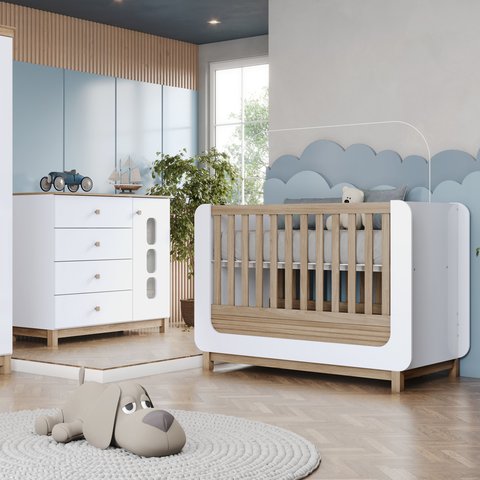 Conjunto Quarto de Bebê Berço Mini Cama com Cantos Arredondados e Detalhes Usinados + Cômoda Branco/Jequitibá HP Aconchego