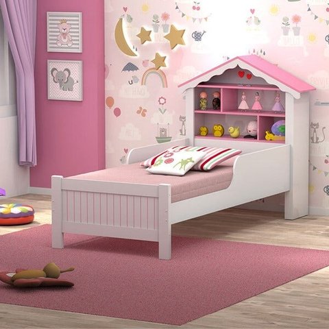 Cama Quarto Solteiro Casa Princesa c/ Estante