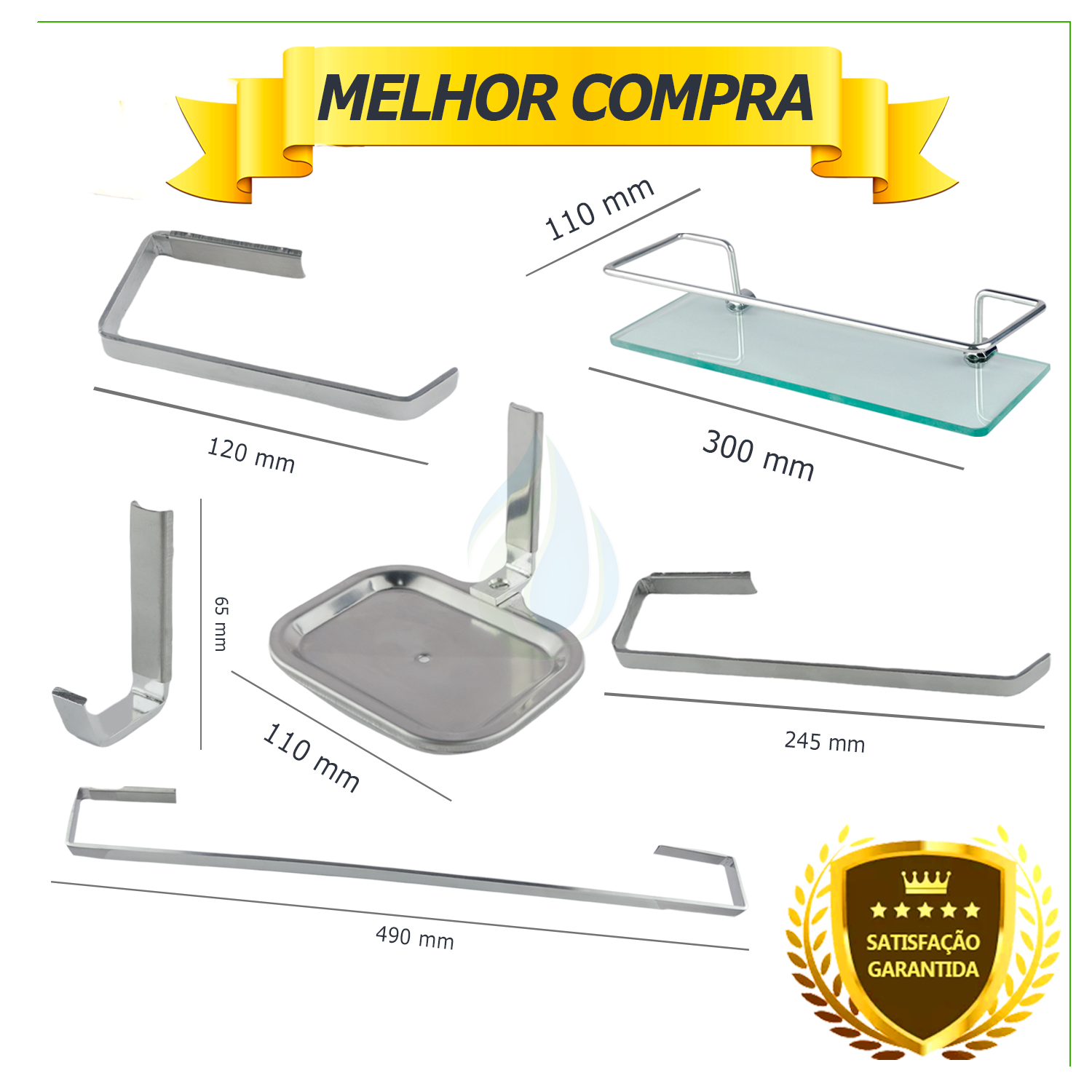 Kit Acessórios para Banheiro Quadrado Aço Inox 6 Peças com Porta Shampoo Vidro Retangular Cód. 1882 - 3