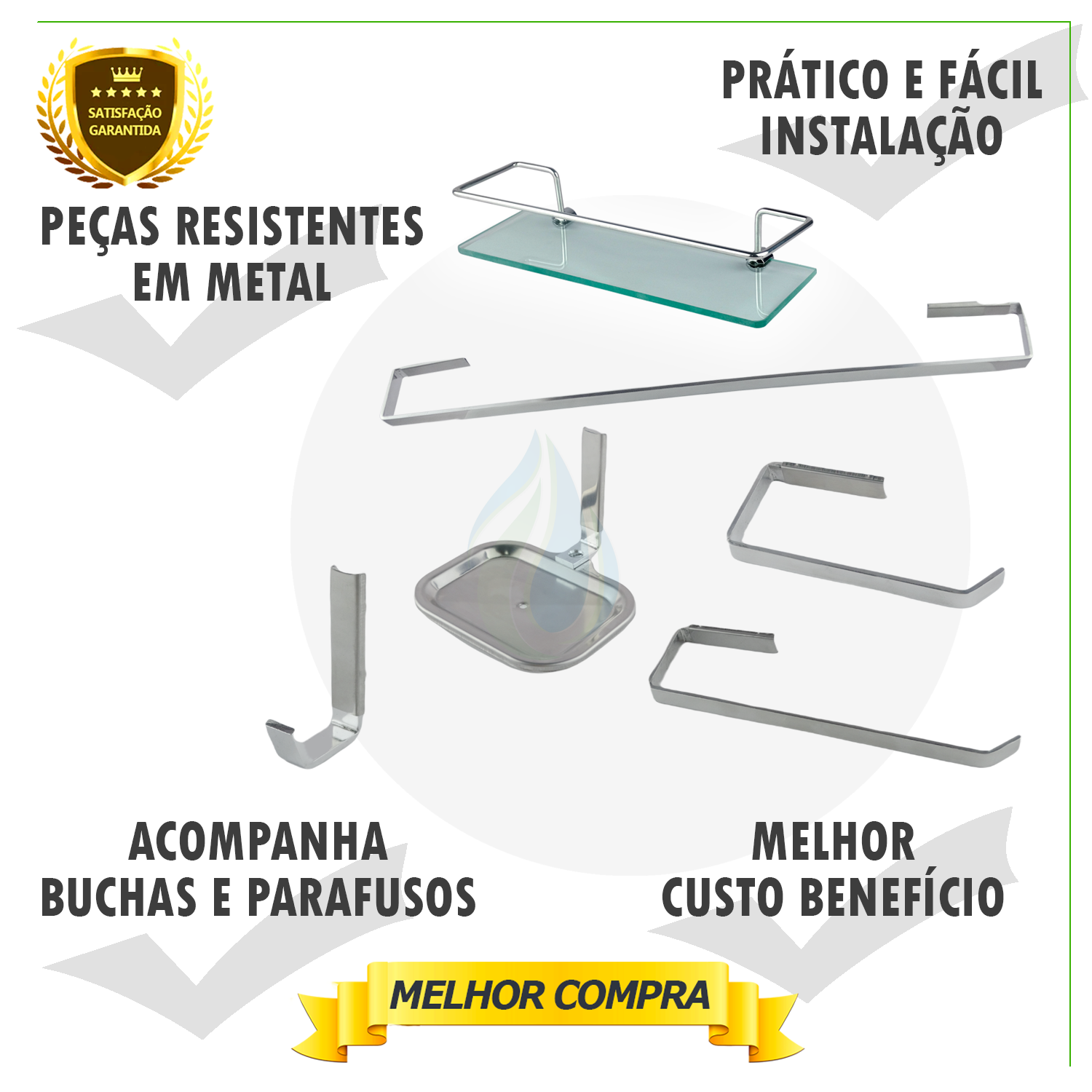 Kit Acessórios para Banheiro Quadrado Aço Inox 6 Peças com Porta Shampoo Vidro Retangular Cód. 1882 - 2