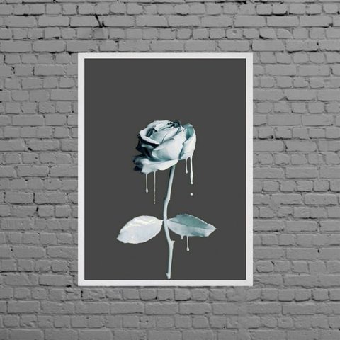 Quadro Decorativo Rosa De Tinta Azul 24x18cm:Madeira branca