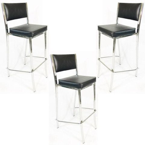 Kit 3 Banquetas Empilhável Cromada Cozinha Alta Assento E Encosto Estofado Cor Preto - Poltronas