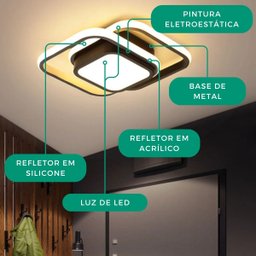 Luminária Sobrepor Estilo Plafon C/ Led Quadrado Duplo Difusor Central Cor Preto - Luz Amarela 3000k - 3