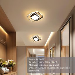 Luminária Sobrepor Estilo Plafon C/ Led Quadrado Duplo Difusor Central Cor Preto - Luz Amarela 3000k - 5