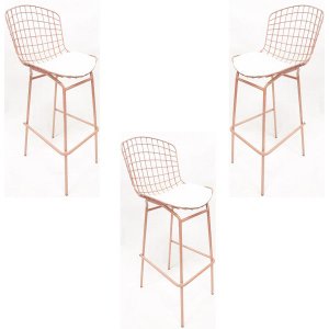 Kit 3 Banquetas BERTÓIA cor Rosê assento branco tubular - Poltronas do Sul