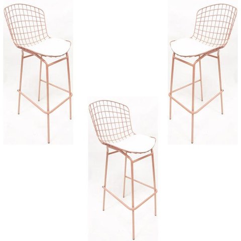 Kit 3 Banquetas BERTÓIA cor Rosê assento branco tubular - Poltronas do Sul