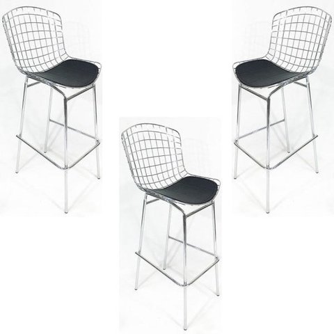 Kit 3 Banquetas BERTÓIA Cromada assento preto tubular - Poltronas do Sul