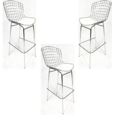 Kit 3 Banquetas BERTÓIA Cromada assento branco tubular - Poltronas do Sul