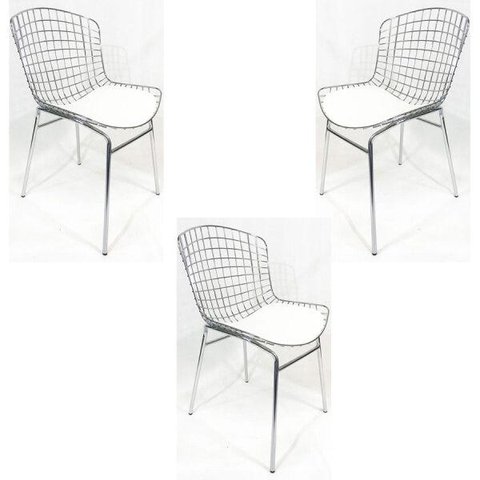 Kit 3 Cadeiras Bertóia Cromada Assento Branco Tubular - Poltronas Do Sul