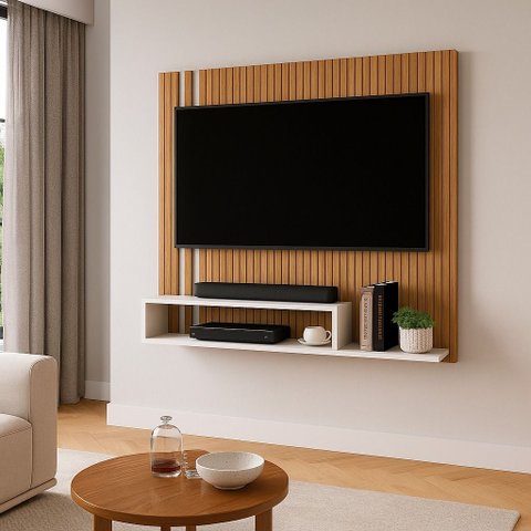 Painel Tv 32 Pol Sala Quarto Suspenso Nicho Prateleira 90x90:ripado/offwhite