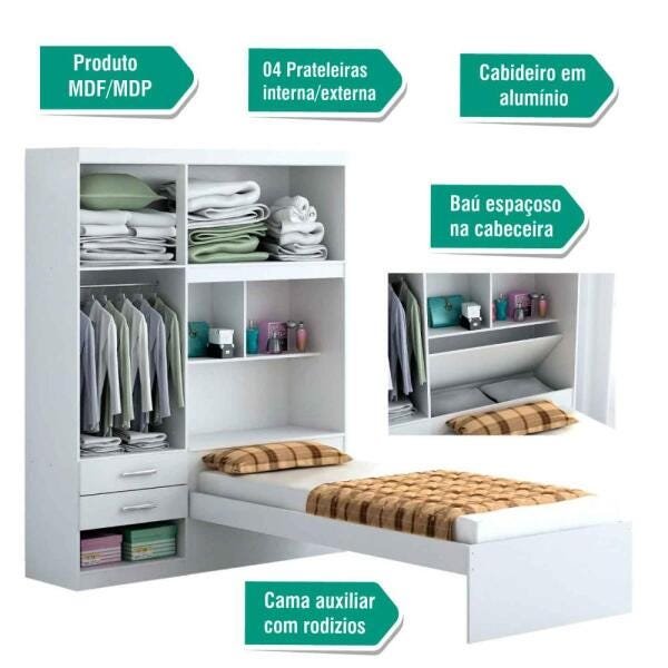 Guarda-Roupa Modulado Solteiro 4 Portas com Bicama Fusion Moverama Branco - 3