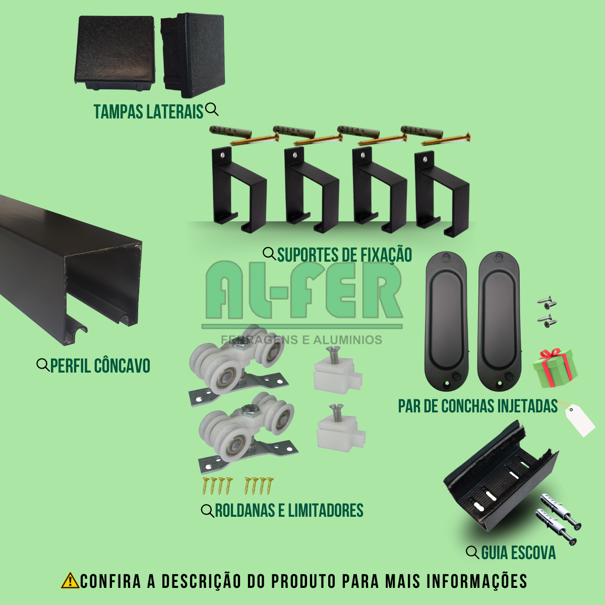 Kit Prático para Porta de Correr Trilho Preto - 3m + 1 Par de Concha - 3