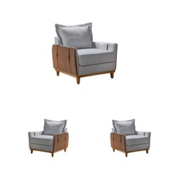 Kit 3 Poltronas Évora Linho Cinza com Couríssimo Nozes Acabamento com Cinto - 1