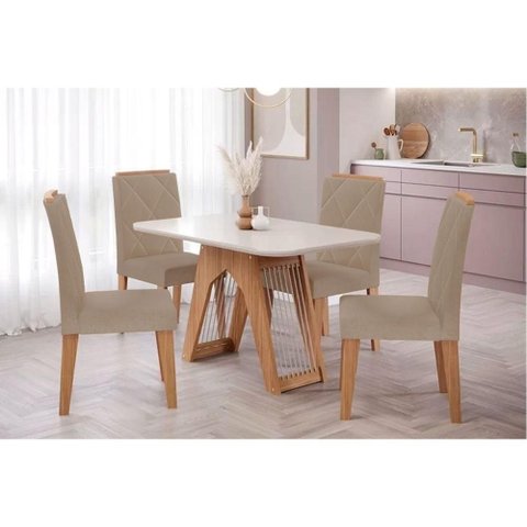 Conjunto: Mesa Sala Jantar Carol Tampo Madeirado C/ Vidro 130x80cm e 4 Cadeiras Fernanda Madeirado/