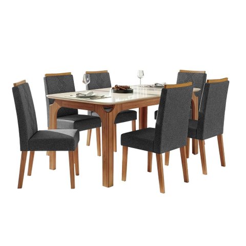 Conjunto Sala de Jantar Mesa Tampo em Vidro 1,60m Mel 6 Cadeiras Tati