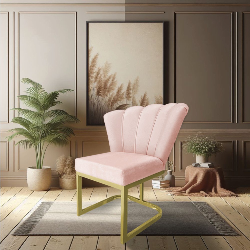 Poltrona Flor Veludo Rosa Bebê Base Metálica Industrial Dourado - Pallazio - 2