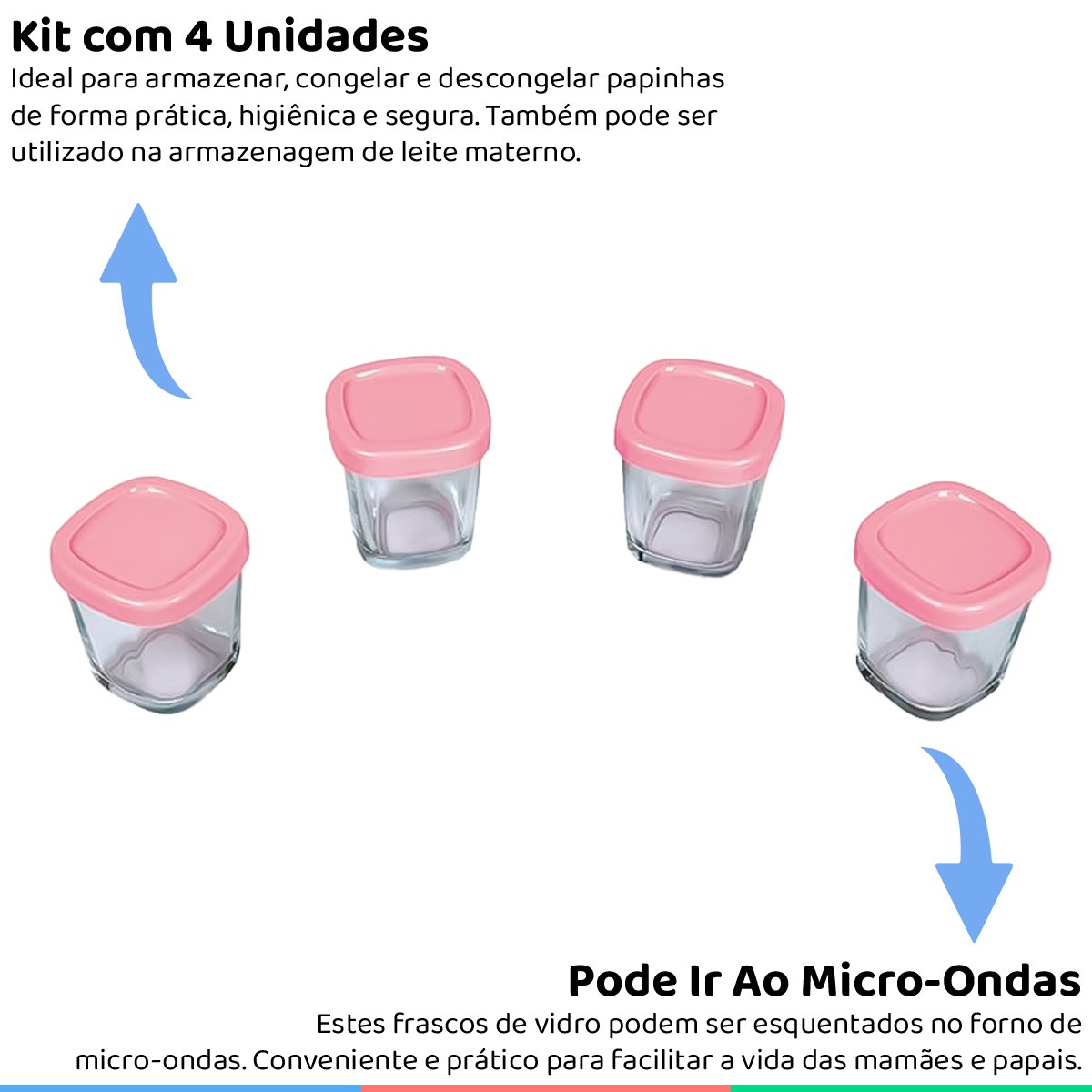 Kit 4 Potes de Vidro Para Armazenamento de Leite Materno Livre de BPA Clingo - Rosa - 2