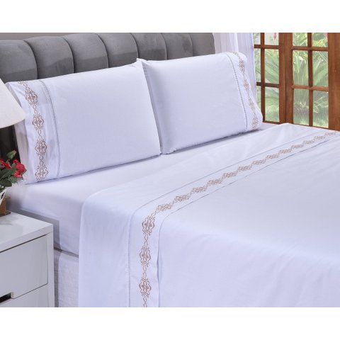 Jogo lençol Diamante quarto casal Queen bordado 4 peças 2fronha: Branco com caqui