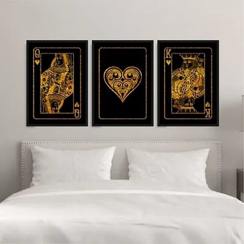 Kit 3 Quadros Rei e Rainha De Copas Preto e Dourado 24x18cm:Madeira preta