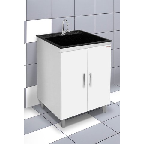 kit Lavanderia 55 litros com Apoio - Gabinete MDF e Tanque Mármore Sintético - Fabribam Gabinetes