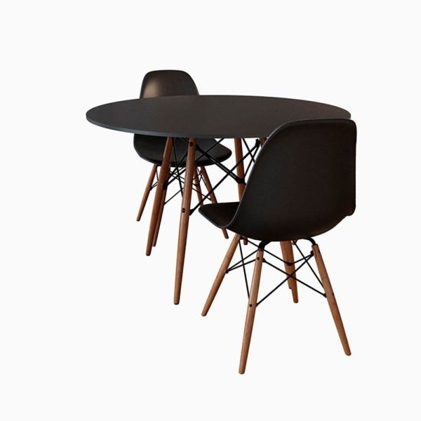 Conjunto de Mesa de Jantar Eames Eiffel Redonda 90cm Tampo de Madeira Preto com 2 Cadeiras Pretas Pr - 1