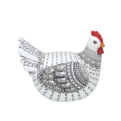 Escultura Decor Galinha em Resina Off White e Preto - 19,5cm