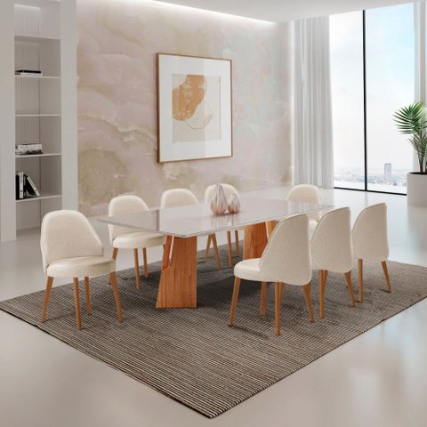 Sala de Jantar Mesa Florida 220cm Tampo Laqueado com Vidro e 8 Cadeiras Suiça