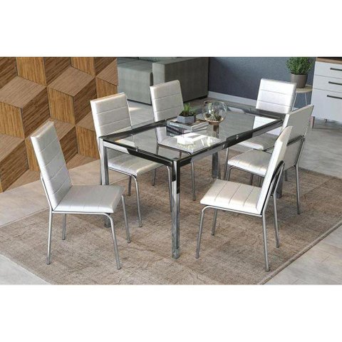 Conjunto: Mesa de Cozinha Reno c/ Tampo de Vidro 150cm + 6 Cadeiras Amsterdã Cromada/Branco -