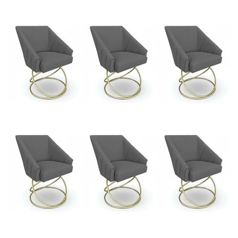 Kit 6 Poltronas Luxo Alana Linho Grafite Base Luxo Dourado - Pallazio