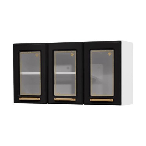 Armário de Cozinha Aéreo de Aço 3 Portas com Vidro 105cm Multimóveis Cr20359 Branco-preto