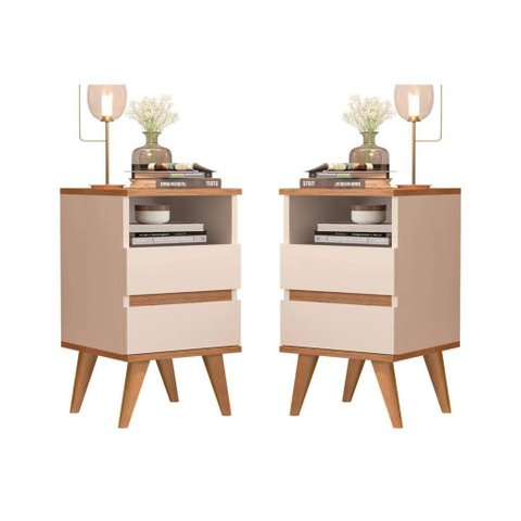 Kit Mesa de Cabeceira Retrô Pés Palito - Pop - Varias Cores - Off White / Nature