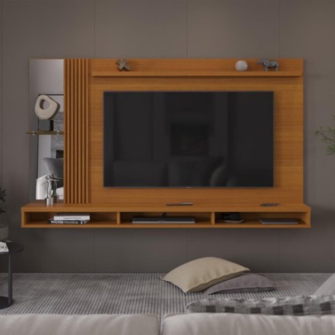 Painel Home Suspenso para Tv até 75 Polegadas Paris com Nichos Espelho e Ripado Lateral 218 Cm -