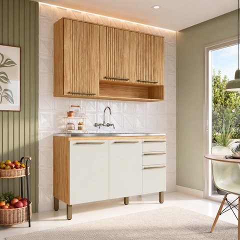Armário de Cozinha Compacta Modulada 2 Peças 6 Portas sem Tampo 100% MDF Itália Yescasa Marrom/Amêndoa/Off-White