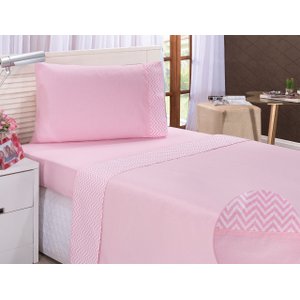 Lençol Solteiro Chevron Rosa 3 Pçs Tecido Aconchegante 100% Algodão