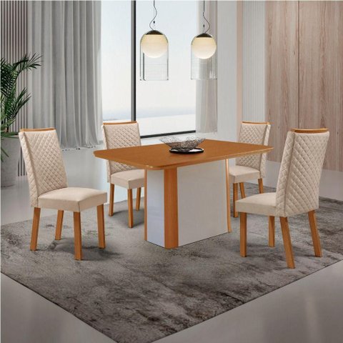 Conjunto Jantar Isadora 4 Lugares MDF Cadeiras Lira Veludo Off White 120cm Moderna